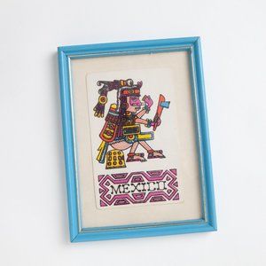 Vintage Small Blue Framed Colorful Mexico Print Postcard Wall Art Home Decor